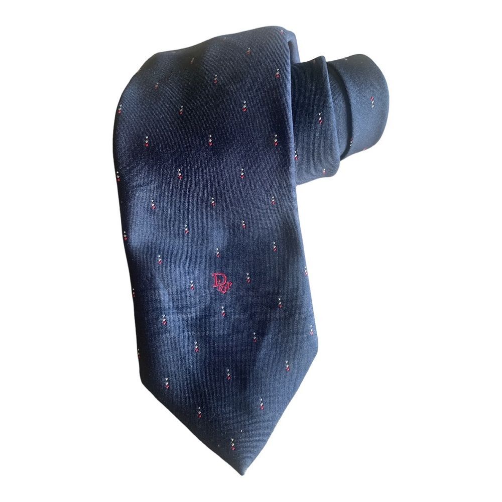 Vintage Christian Dior Silk Blend Tie Paris New York Classic Navy Logo Timeless